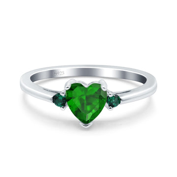 Art Deco Heart Three Stone Wedding Bridal Ring Simulated Green Emerald CZ 925 Sterling Silver